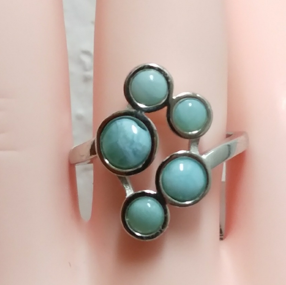 .925 Silver Rare Larimar Stone Luxury‎ Women's Wedding Rings Sz 6.5